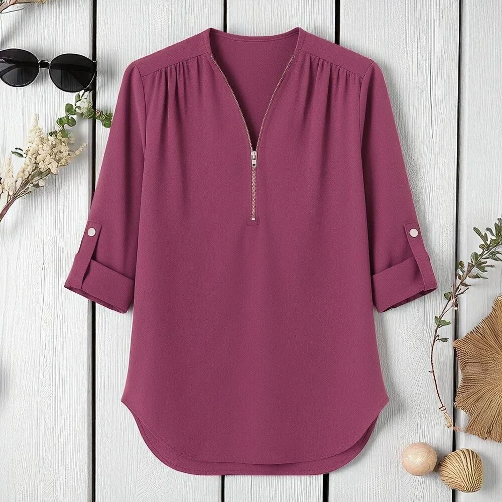 Ultra-Chic Purple V-Neck Blouse with Zip Detail & Roll-Up Sleeves Trendy 2XL